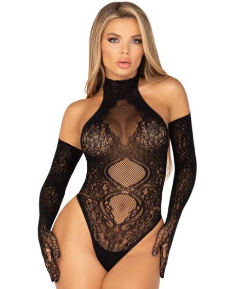 LEG AVENUE - 89363 OPEN BACK BODYSUIT + EXTRA LONG GLOVES SET - ONE SIZE