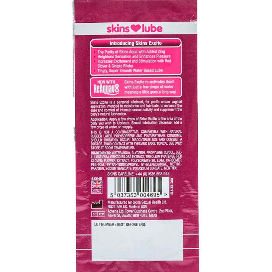 SKINS - EXCITE WATER-BASED LUBRICANT SINGLE-DOSE 5 ML - Imagem de 2
