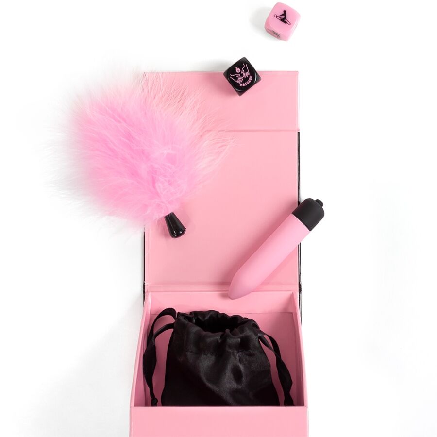 SECRET PLAY - PLEASURES BOX FOR COUPLES: DICE + VIBRATING BULLET + FEATHER PEN - Imagem de 5