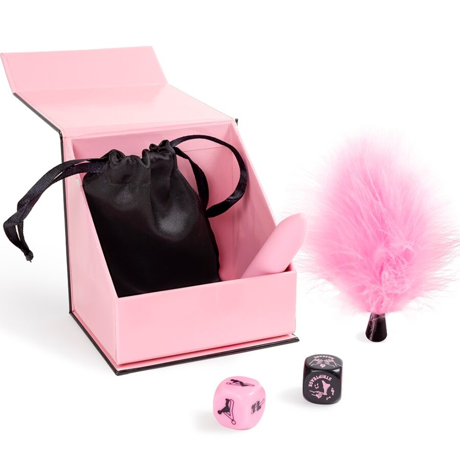 SECRET PLAY - PLEASURES BOX FOR COUPLES: DICE + VIBRATING BULLET + FEATHER PEN - Imagem de 3