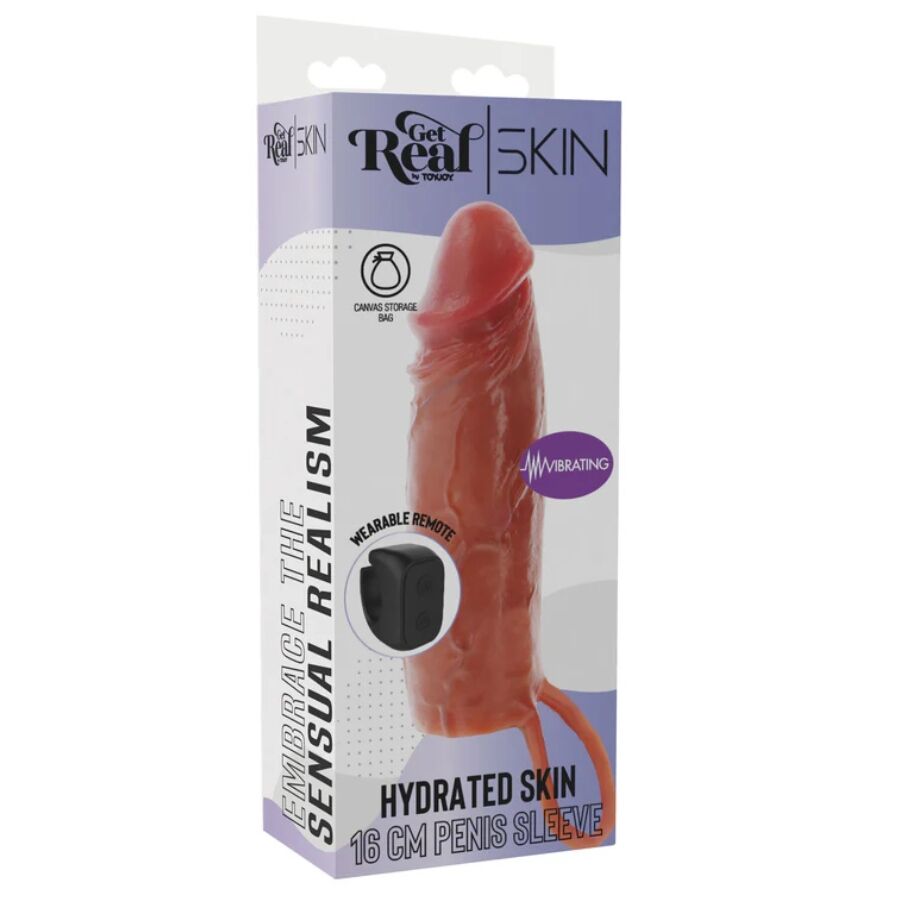 GET REAL - HYDRATED SKIN SILICONE VIBRATING PENIS SLEEVE CARAMEL 16 CM - Imagem de 5