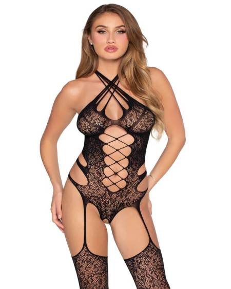 LEG AVENUE - 89367 LACE HALTER TEDDY WITH STOCKINGS BLACK - ONE SIZE