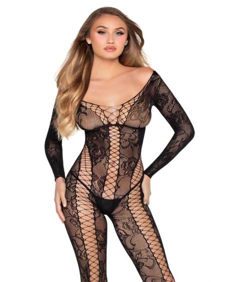 LEG AVENUE - 89369 NET  LACE JUMPSUIT BLACK - ONE SIZE