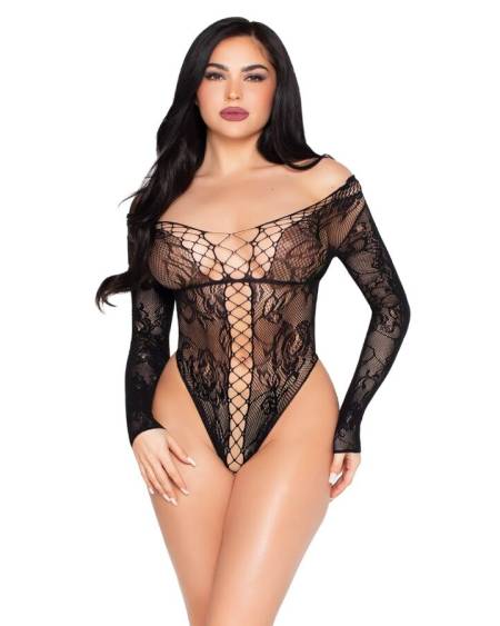 LEG AVENUE - 89370 NET AND LACE TEDDY BLACK - ONE SIZE