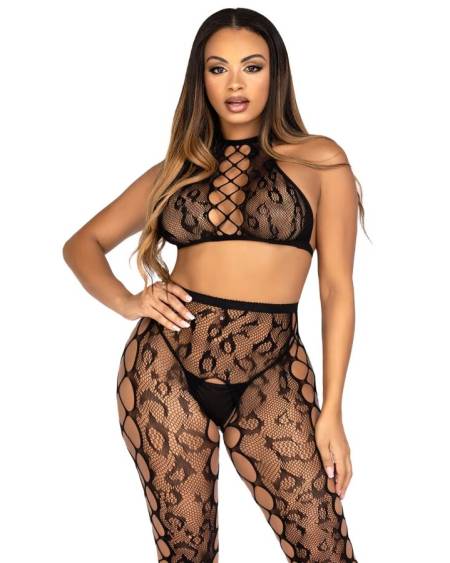 LEG AVENUE - 89372 CROP TOP  CROTCHLESS TIGHTS BLACK - ONE SIZE