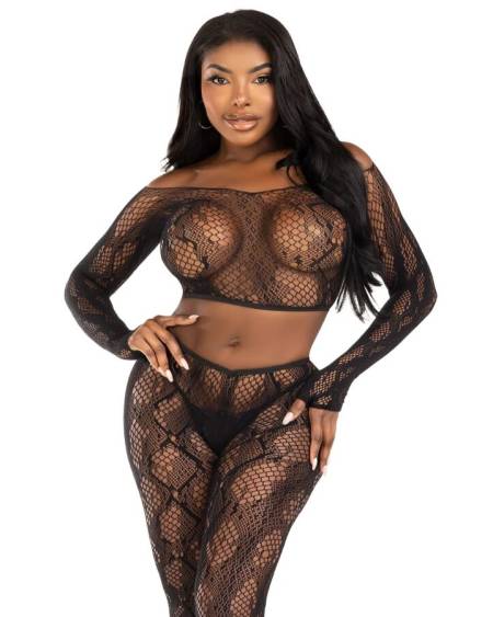LEG AVENUE - 89373 PYTHON CROP TOP  FOOTLESS TIGHTS BLACK - ONE SIZE