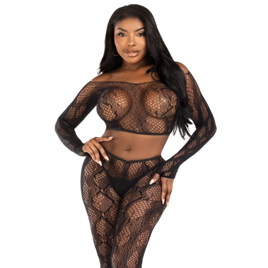LEG AVENUE - 89373 PYTHON CROP TOP FOOTLESS TIGHTS BLACK - ONE SIZE