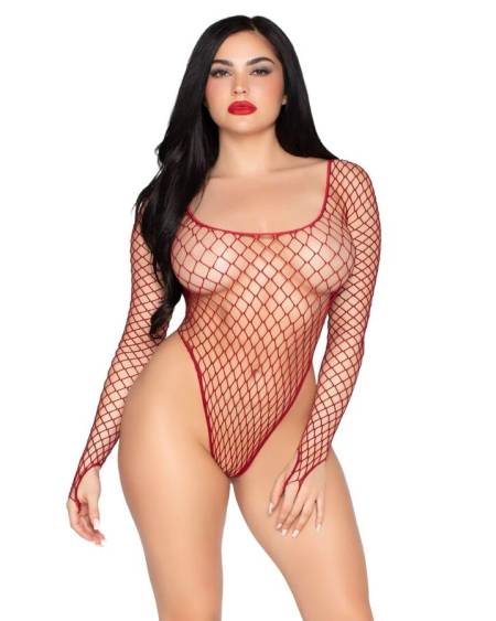 LEG AVENUE - 89377 HIGH-CUT INDUSTRIAL NET BODYSUIT RED - ONE SIZE