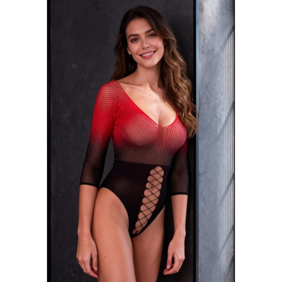 PASSION - BS118 BLACK AND RED MESH BODYSTOCKING - Imagem de 2