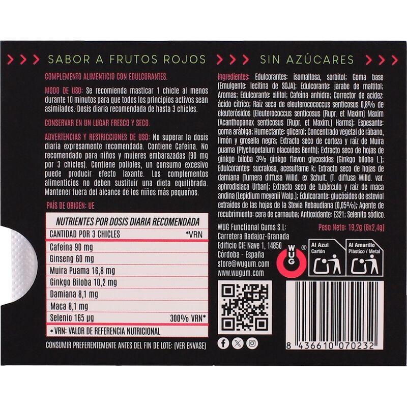 WUG Climax - Functional chewing gum with Maca, Damiana and Ginseng to enhance desire and intimate vitality. BLISTER 8 UNITS - Imagem de 4