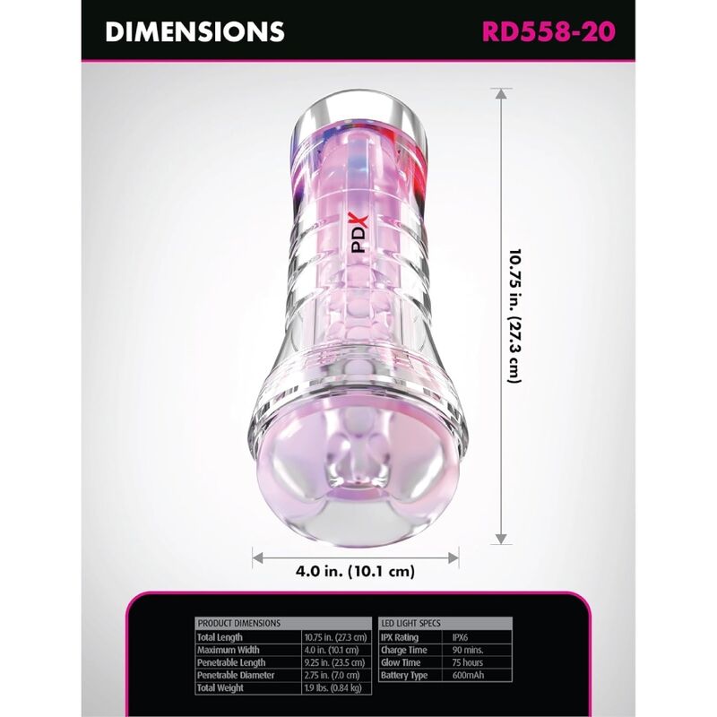 PDX ELITE - VIEWTUBE XXL LED TRANSPARENT STROKER 27.3 CM - Imagem de 4