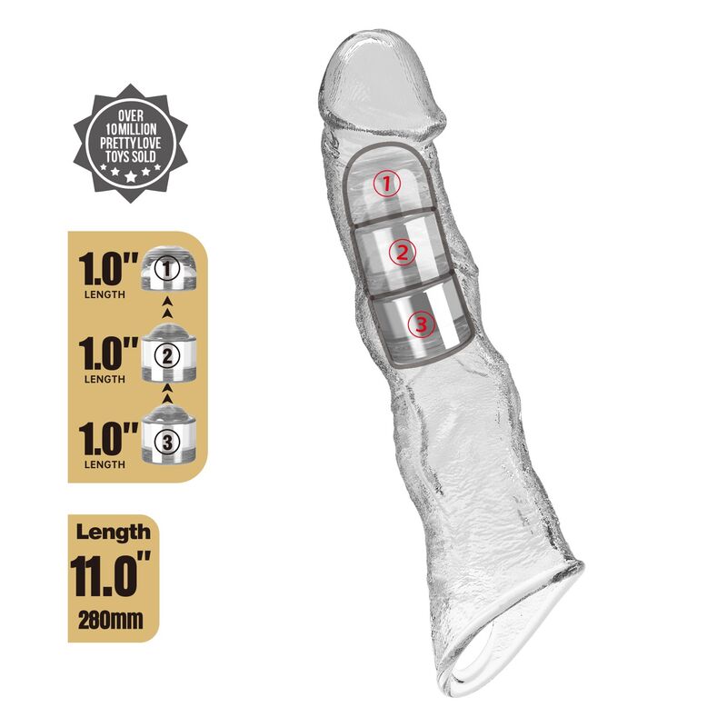 PRETTY LOVE - ADJUSTABLE PENIS EXTENSION SLEEVE 28 CM Ø 4.5 CM TRANSPARENT - Imagem de 4
