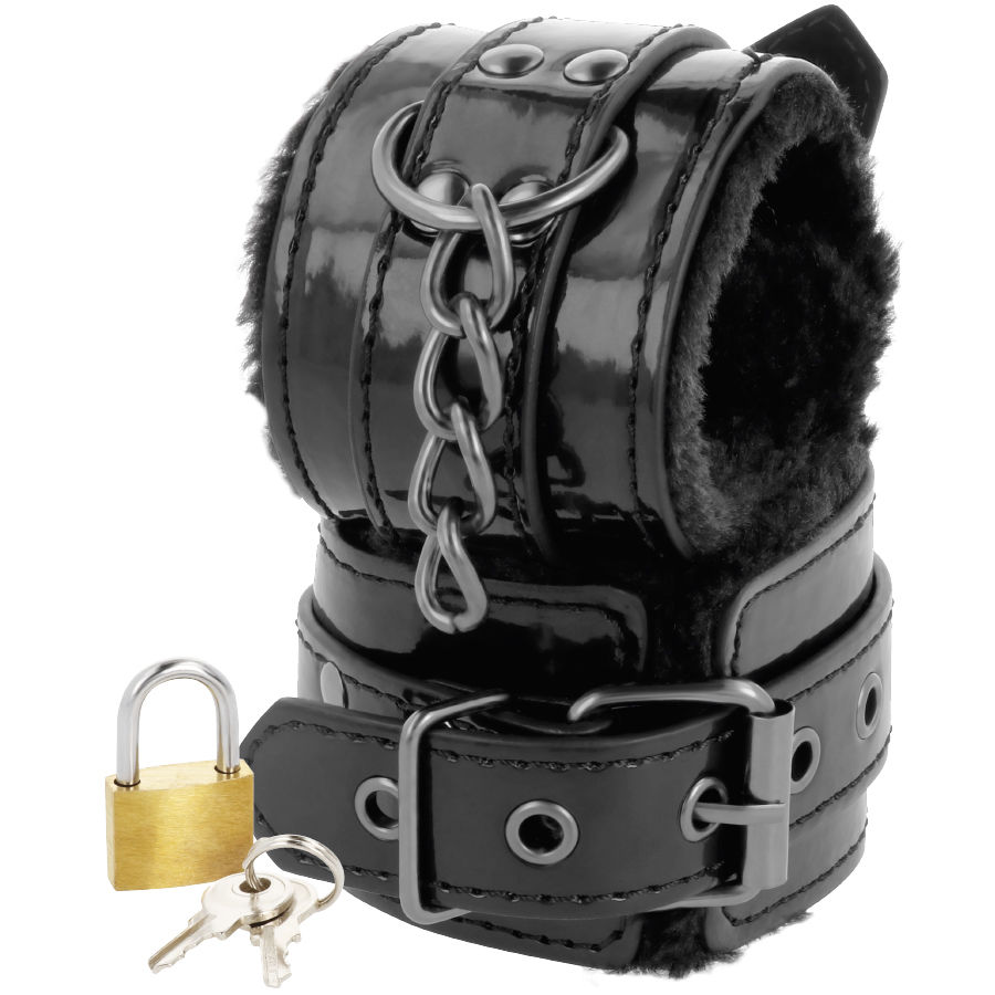 DARKNESS - BLACK ADJUSTABLE LEATHER HANDCUFFS WITH PADLOCK - Imagem de 2