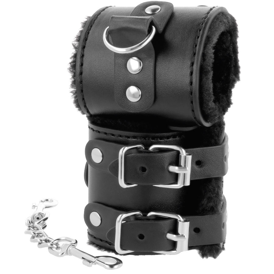 DARKNESS - BLACK ADJUSTABLE LEATHER HANDCUFFS WITH LINING - Imagem de 2
