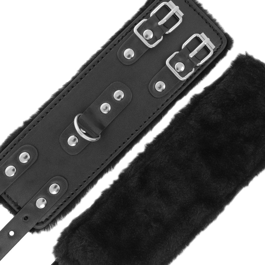 DARKNESS - BLACK ADJUSTABLE LEATHER HANDCUFFS WITH LINING - Imagem de 5