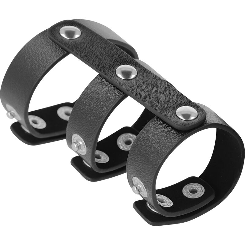 DARKNESS - ADJUSTABLE LEATHER DOUBLE PENIS AND TESTICLE RING - Imagem de 3