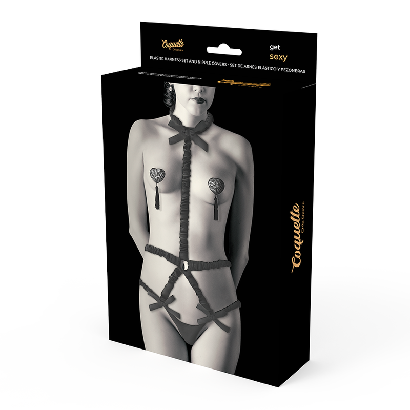 COQUETTE CHIC DESIRE - ELASTIC HARNESS SET AND NIPPLE COVERS BLACK - Imagem de 4
